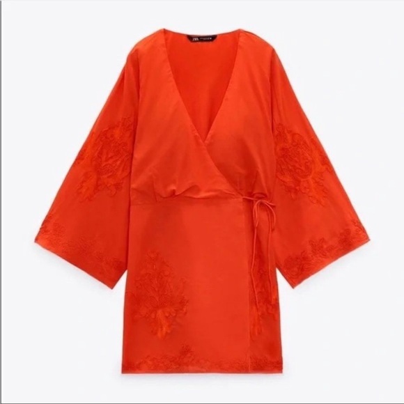 Zara Wrap Kimono Embroidered Dress Short Red New - Picture 3 of 3